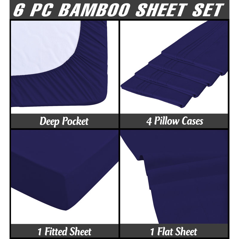 Premium Rayon From Bamboo 6 Pc Sheet Set With Deep Pockets, Cooling, Navy, Twin Sheet Set with 2 Pillowcases
