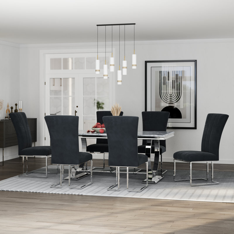 Modern Black And Gold Dining Table Set With Black Velvet Dining Chairs, 7