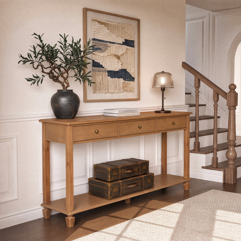 Console traditionnelle Bellmont avec 3 tiroirs, une étagère ouverte et des pattes décoratives en pin massif pour le salon