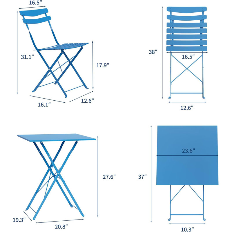 3 Piece Folding Patio Bistro Set, Patio Table & Chairs, No Assembly, Blue, Blue