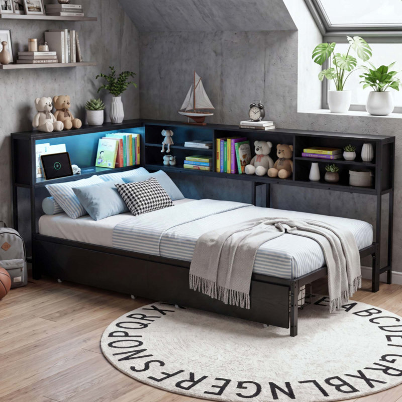 Cadre de lit d'angle avec bibliothèque de rangement, lit de jour avec éclairage DEL et 2 tiroirs, lit plateforme en métal avec tête de lit et station de recharge
