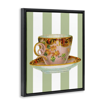 Elegant Teacup on Green Stripes Framed Floater Canvas Wall Art, design by Lil' Rue