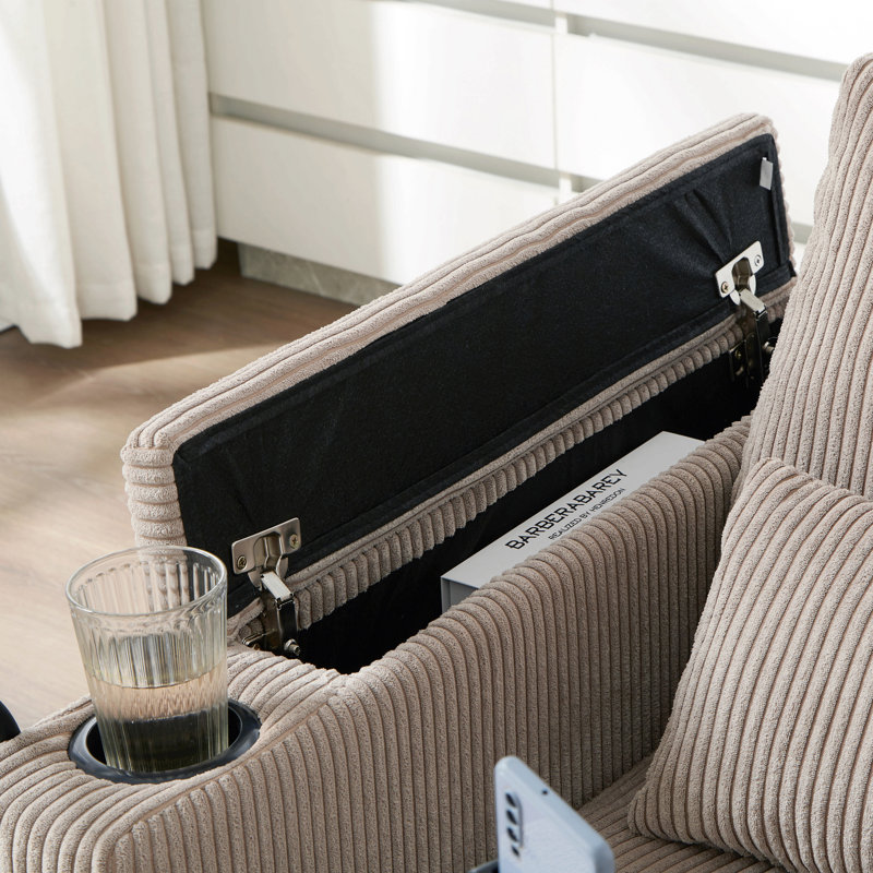 Chaise longue en velours côtelé Alice avec porte-gobelets, USB et rangement, Brun
