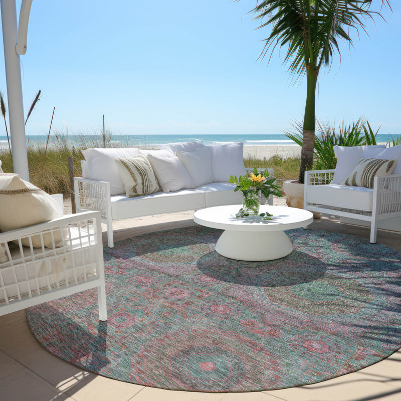 Machine Washable Indoor/Outdoor Xhevrie Teal Rug, Round 8'
