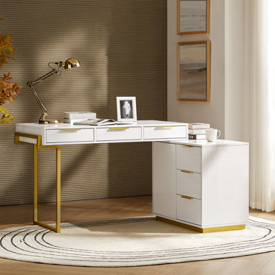 Rothi Glam 6-Drawer  L-Shaped Desk with Cable Management Power Outlets and Adjustable Shelf