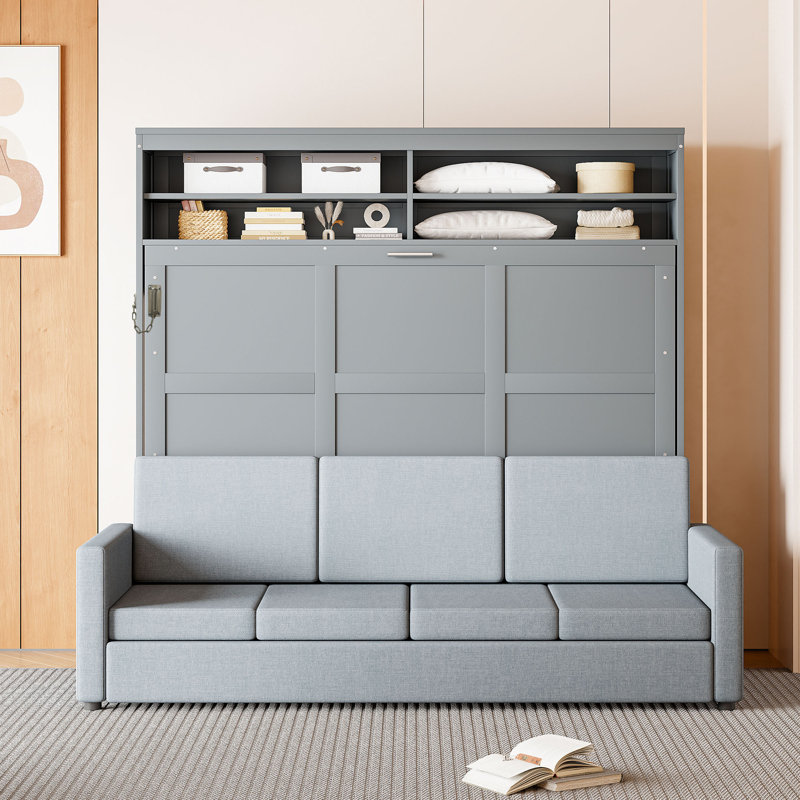 Queen Size Murphy Bed Wall Bed with Sofa,Gray, Gray