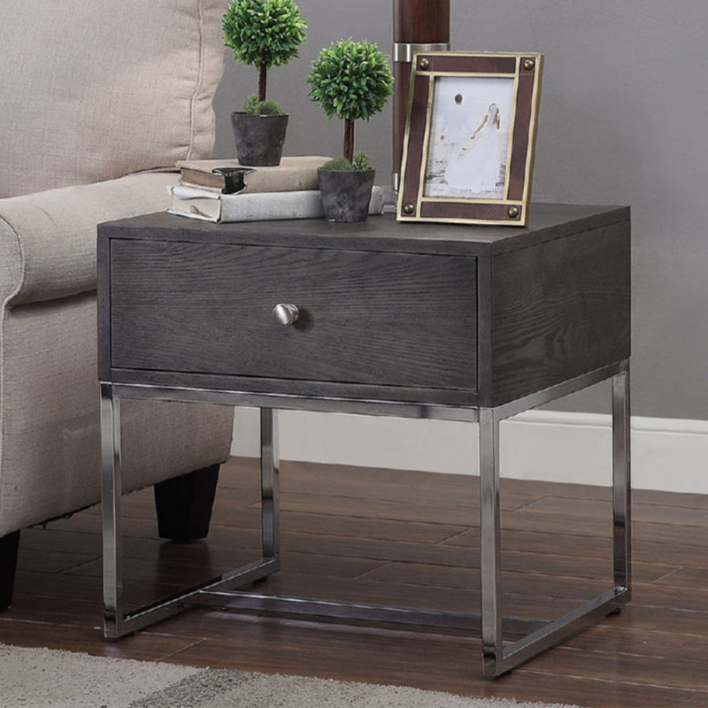Rectangular End Table With 1 Drawer, Gray Oak And Chrome