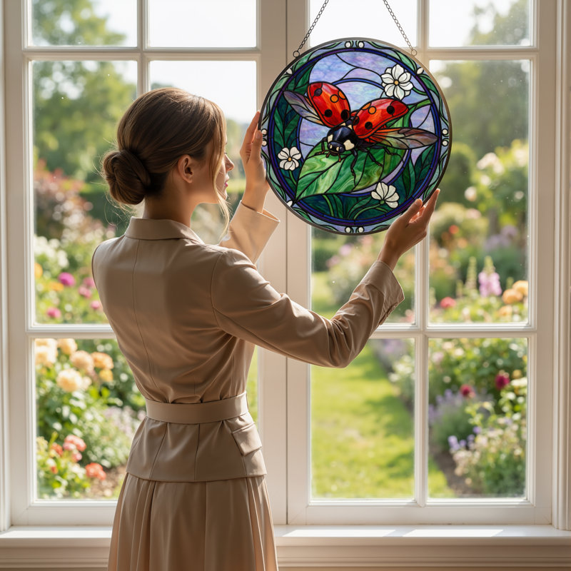 7.8"H Ladybug Flower Stained Glass Window Panel, 7.8" H x 7.8" W