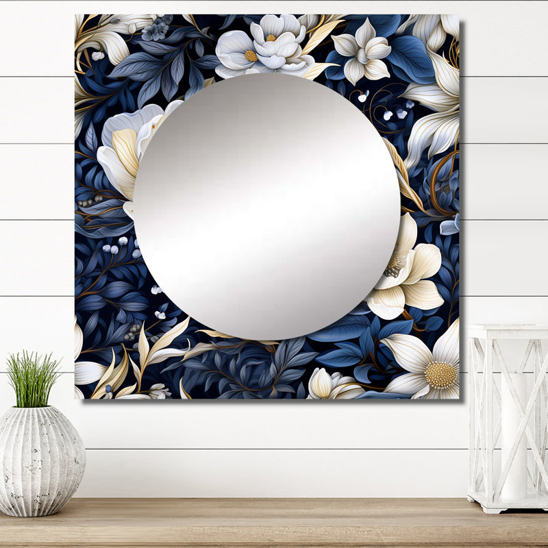 Fleurs indigo foncé au clair de lune - Art mural miroir bohémien et éclectique carré, 23 po x 23 po