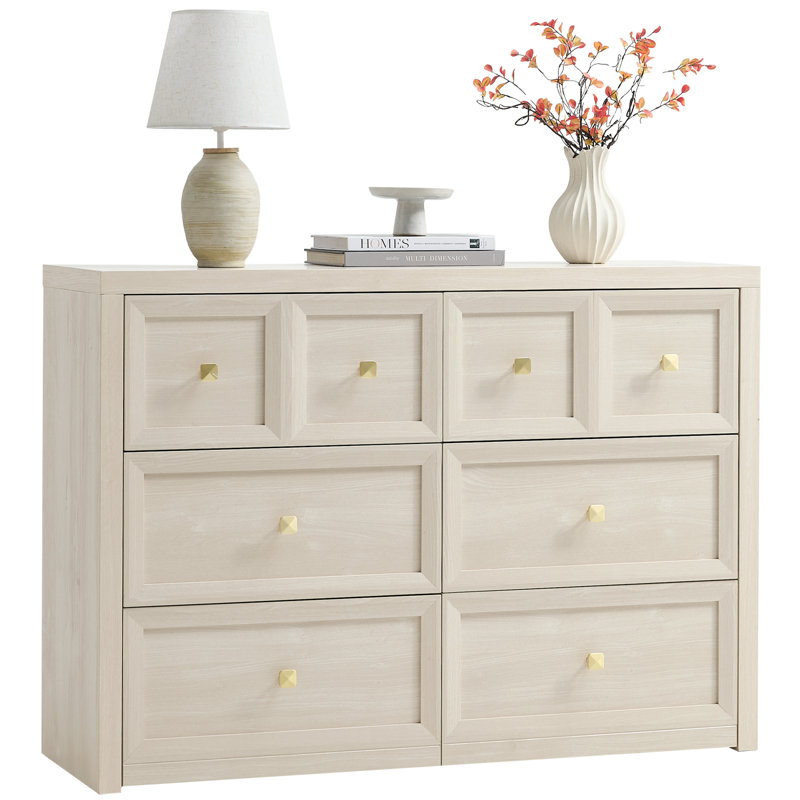 Aastha 6 Drawers Dresser Cabinet, White, 47 inch Width Wood Chest of Drawers ,Dresser Organizer, Beige