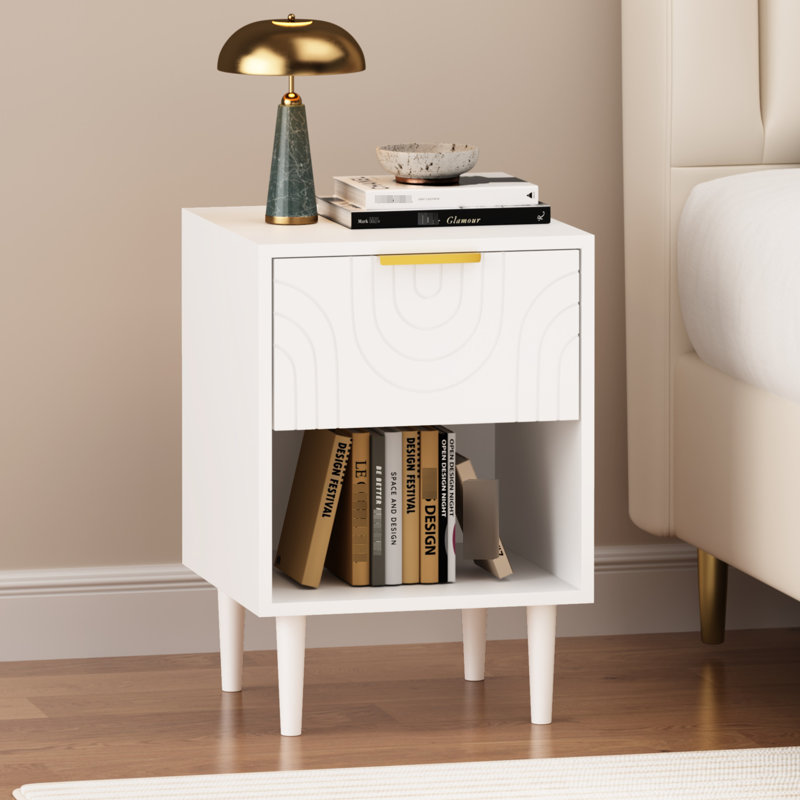 22,76 22,76 po de hauteur, table de chevet blanche moderne avec tiroir simple et espace de rangement ouvert, poignée dorée, pièce décorative de chambre à coucher