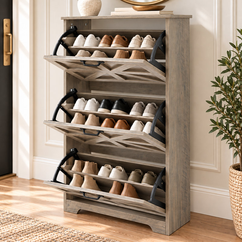 Shoe Cabinet For Entryway With 3 Flip Drawers, Wooden Shoe Storage Cabinet, 3 Tier Freestanding, Elegant Slim Shoe Organizer For Entryway, Hallway, Living Room