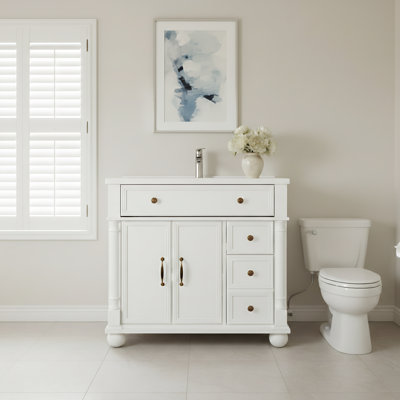Meuble-lavabo sur pied 36 po avec colonne et armoire de rangement Mid-Century