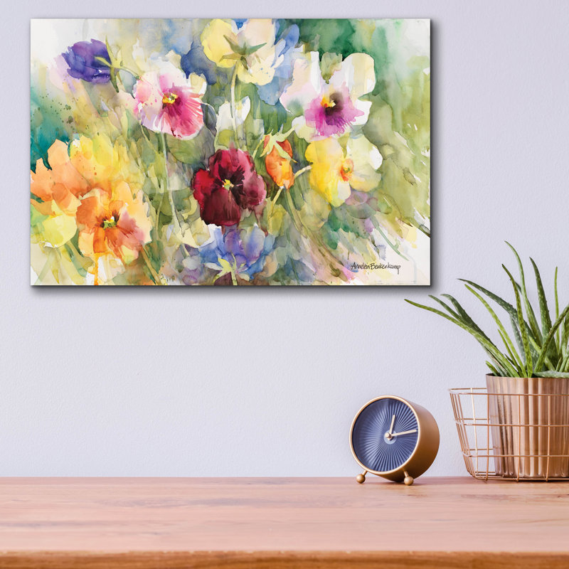 «Pansies Posing» par Annelein Beukenkamp, art mural en verre acrylique, H 12 po x l 16 po x P 0,13 po