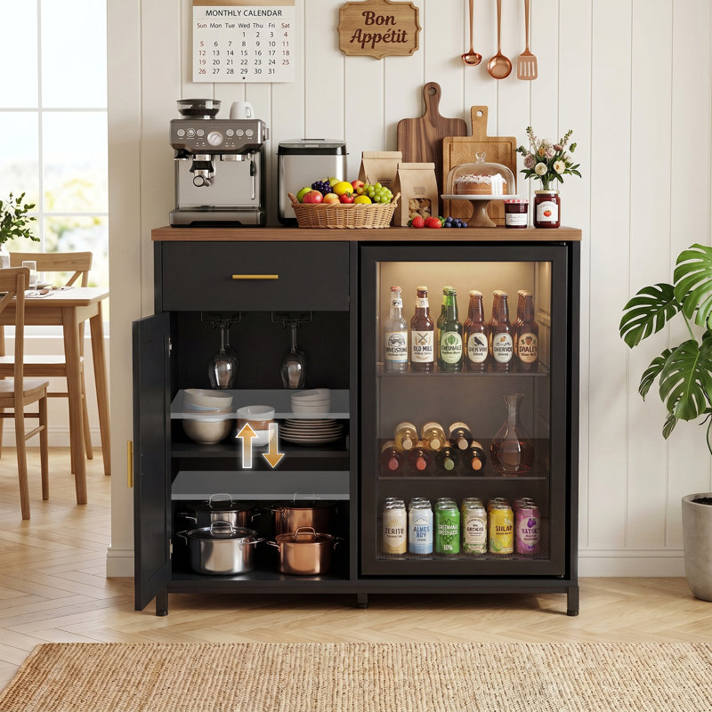 Bar avec prise de courant et mini espace réfrigérateur, mini support armoire avec tiroir et porte-verre à vin, Black