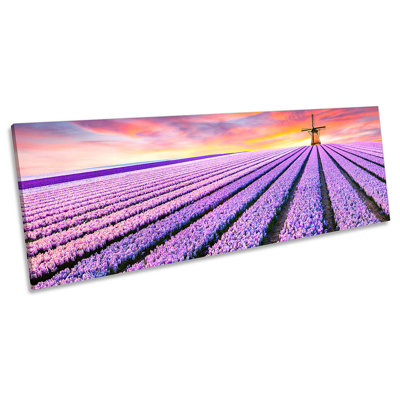 Windmill Floral Sunset Landscape 1 Piece Wrapped Canvas Panoramic Wall Art