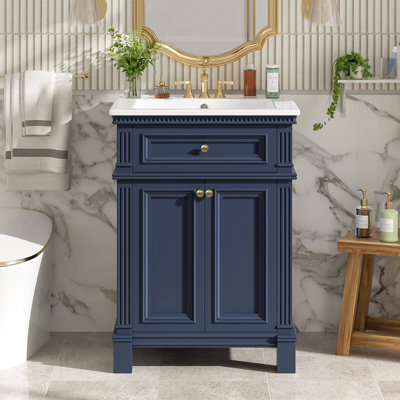 Armoire de salle de bain 24 po Vintage Elegance avec portes à fermeture douce et tablette réglable, meuble-lavabo avec lavabo en céramique