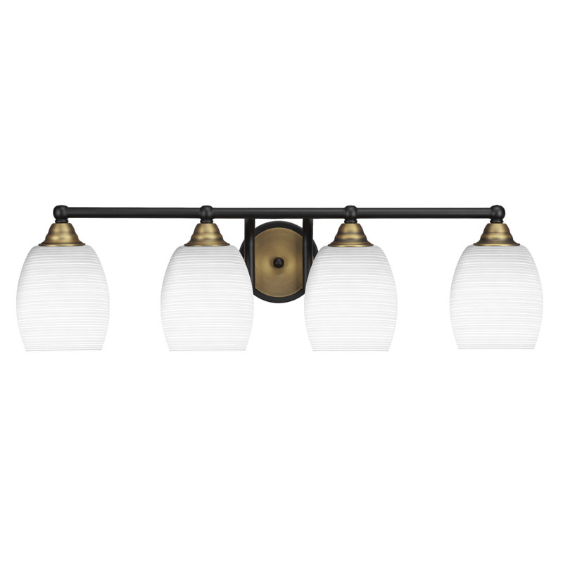Barre d'éclairage de salle de bain 4 lumières Michell avec verre matriciel blanc 5 po, Noir mat / or brossé