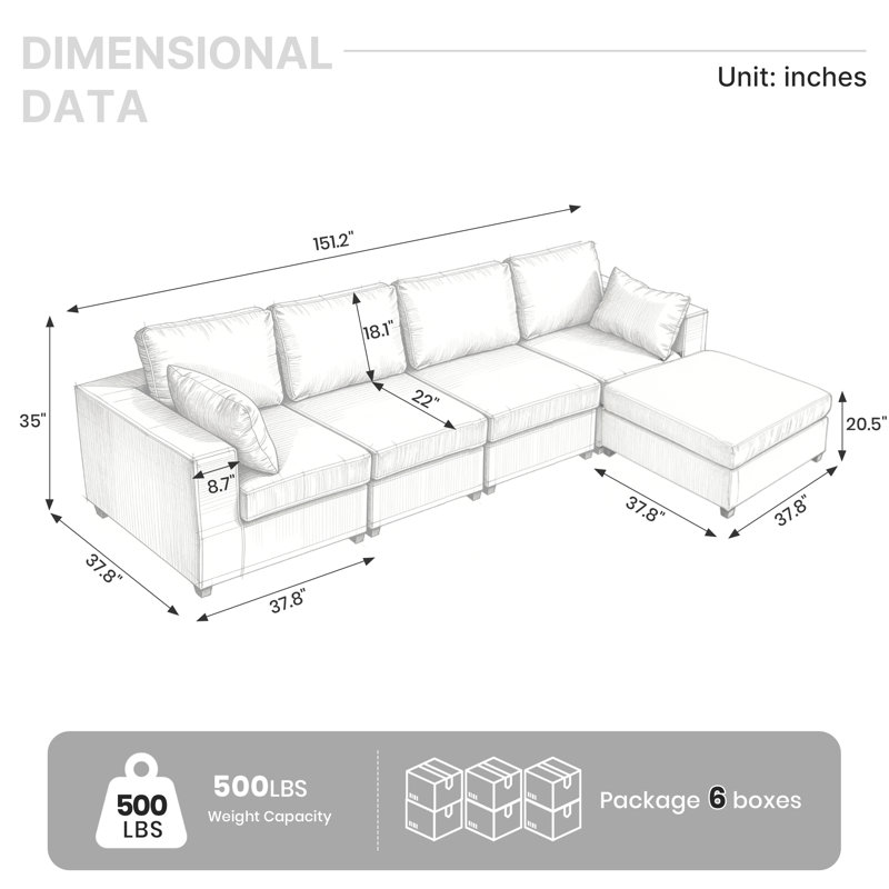 Canapé d'angle rembourré avec 1 repose-pieds, Chenille gris pâle, H 26 po x l 151,1 po x P 37,8 po