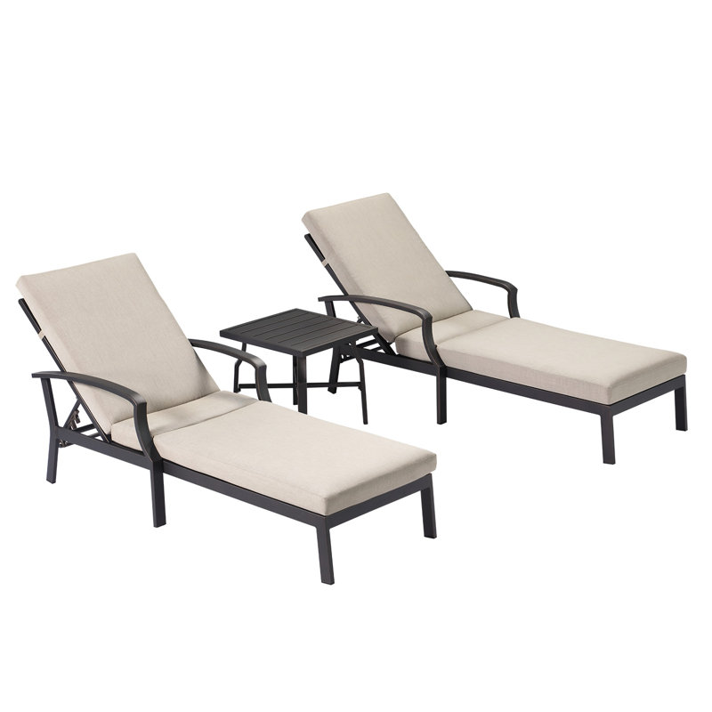 Ensemble de 3 chaises longues d'extérieur en aluminium antirouille avec coussins, couleur canon de fusil