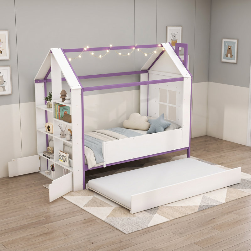 Structure de lit House avec lit gigogne, tablettes de rangement et éclairage DEL, Lit simple, Mauve blanc