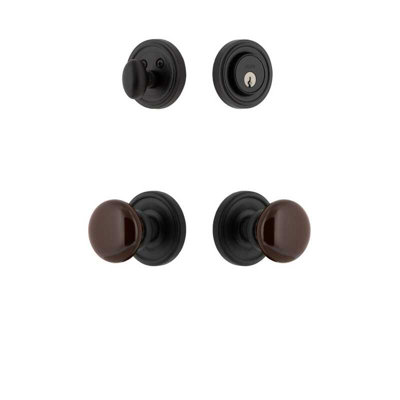 Ageless Iron Loch Rosette Entry Set with Brown Autumn Porcelain Knob