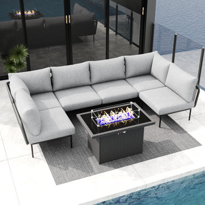 Layinsun Outdoor Patio Woven Rope Wicker Modular 7 Pieces Sectional Set With Fire Pit Table And Cushions