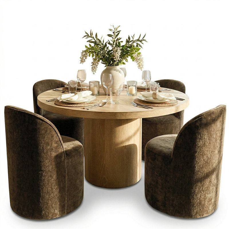 4 - Person Dining Table Sets With Solid Wood Round Table & 4 Upholstered Chenille Chairs, Yellow, Brown