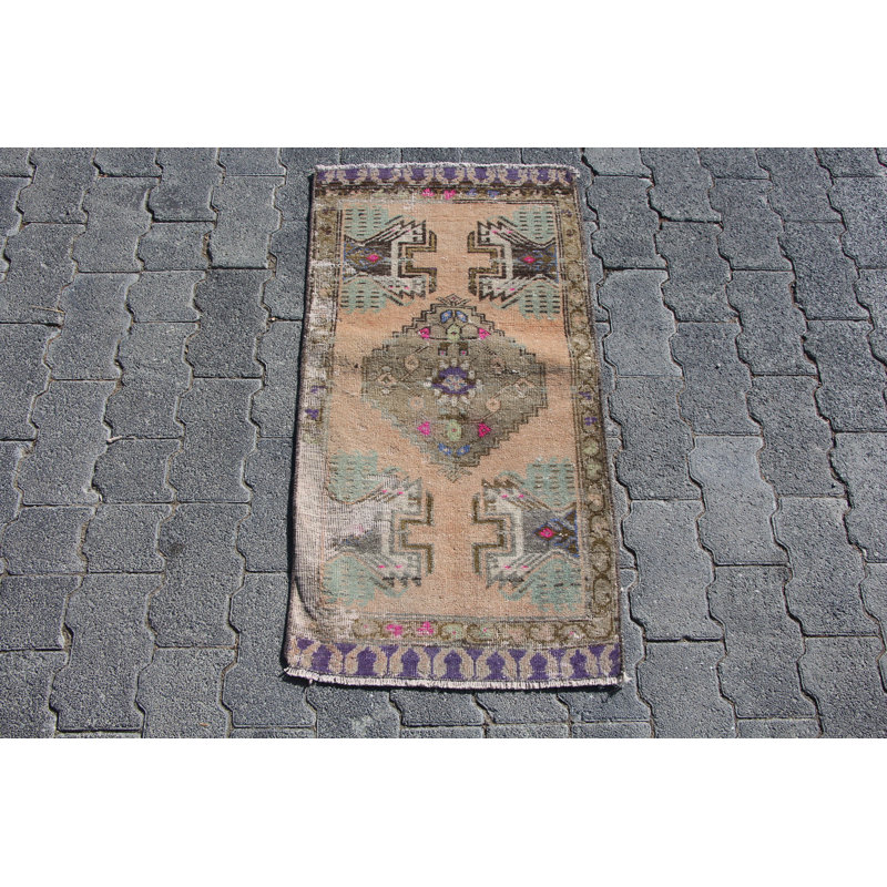 Tapis turc rétro vert Oushak - Petit art tissé à la main pour la salle de bain ou le vestibule