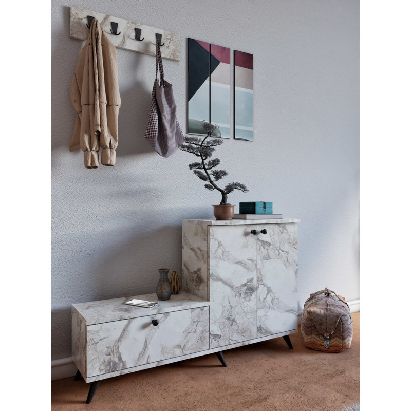 Modern Hall Stand with Shoe Cabinet & Coat Rack, Ephesus Marble, 47.2 x 29.9 x 11.8 inches | 100% Melamine Coated Particle Board, 0.71 inches Thick | Includes Drawer & Numerous Shelves, Wall-Mountable Design