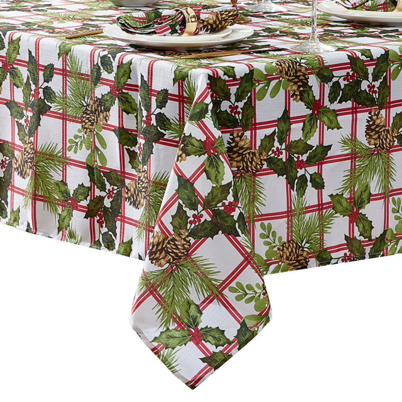 Festive Pinecone Plaid Red and Green 70" Round Fabric Tablecloth