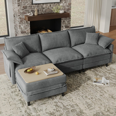 108'' Comfy  L Shaped Sectional Modular Cloud Sofa with Ottoman, Tool-free Easy Assembly Corduroy Couch