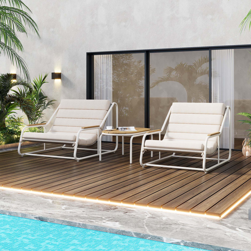 Ensemble de 3 chaises longues de patio avec table d'appoint en acacia, Blanc