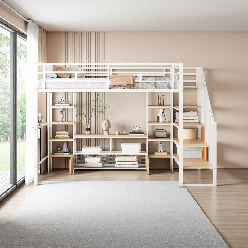 Lit mezzanine double en métal avec escalier, table de rangement basse et tablettes de rangement, Blanc