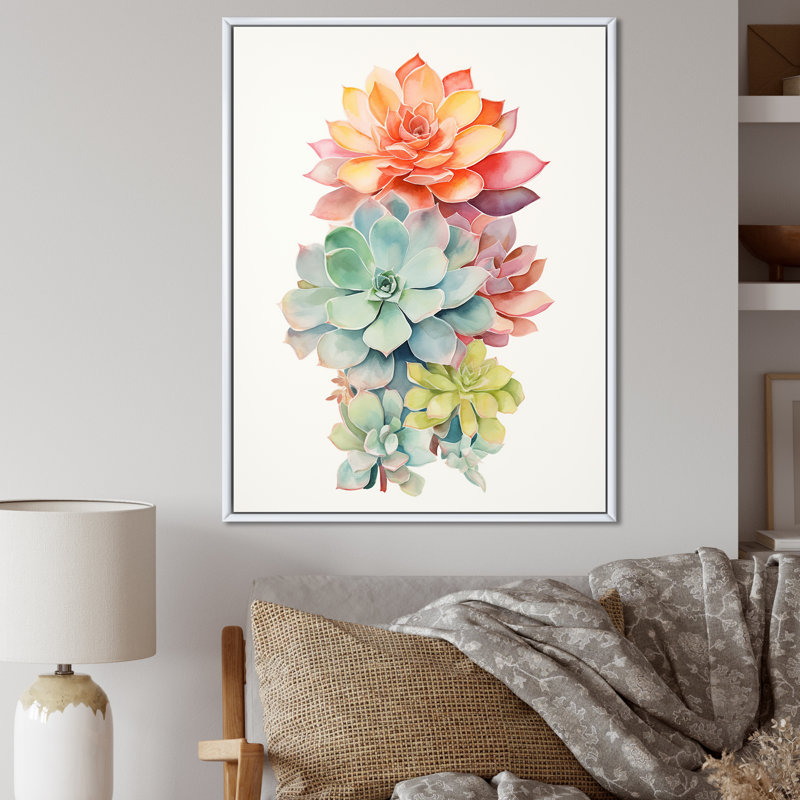 " Blossoming Succulent Tender Retro Blue Orange ", 32" H x 24" W x 1" D, White Floater Frame