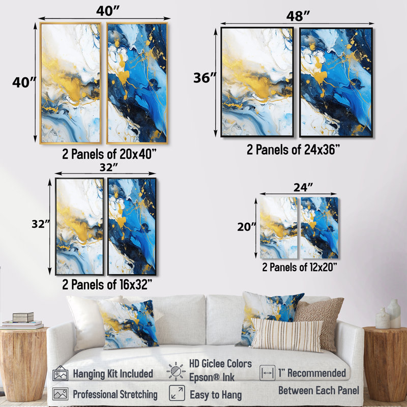 Bleu et or, art abstrait fluide de luxe IV - art mural moderne 2 panneaux, H 32 po x l 32 po, Impression encadrée flottante