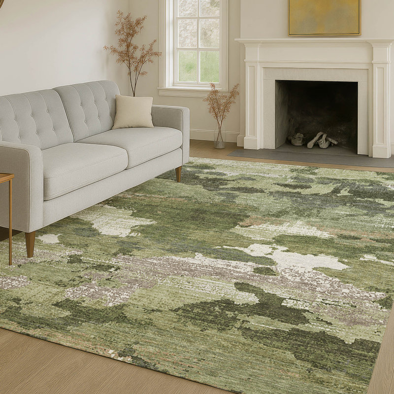 Tapis abstrait lavable à la machine intérieur / extérieur ACN2434, Olive, 3' x 5'