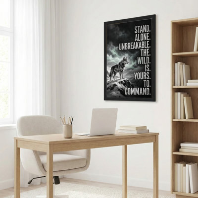 Toile noire encadrée en bois noir pour salon, chambre à coucher, bureau ou vestibule - décoration murale décorative avec montagne de loup