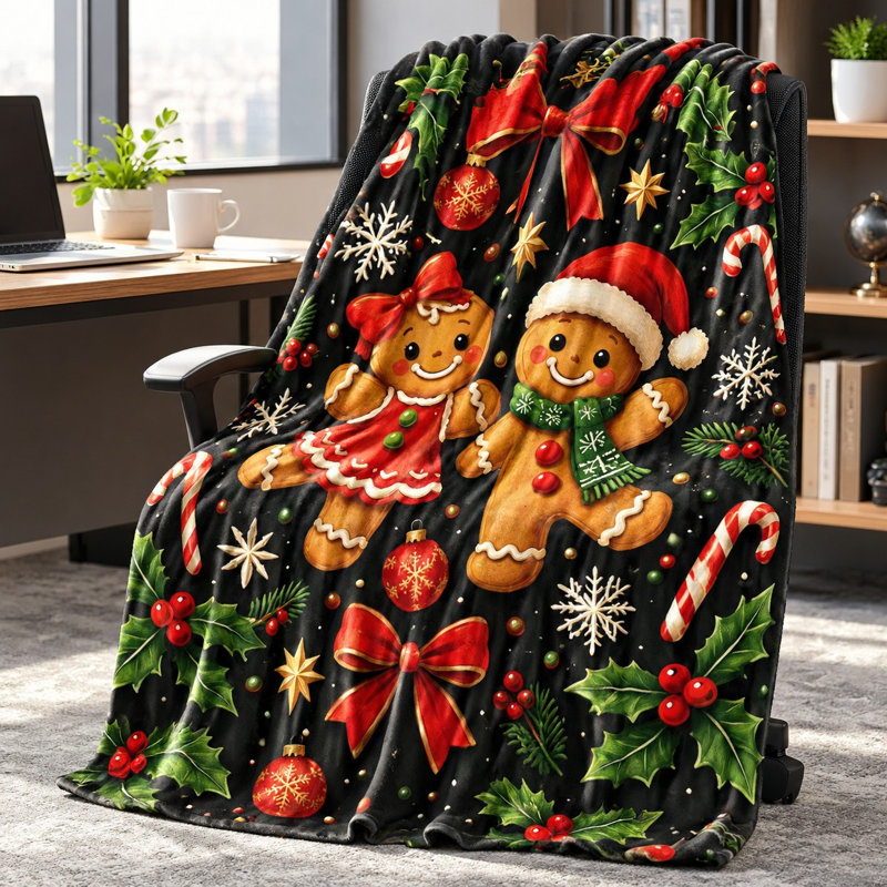 Cozy Gingerbread Christmas Fleece Throw Blanket, Festive Holiday Plush Bed Blanket for Sofa Couch Bedroom Living Room Home Decoration
