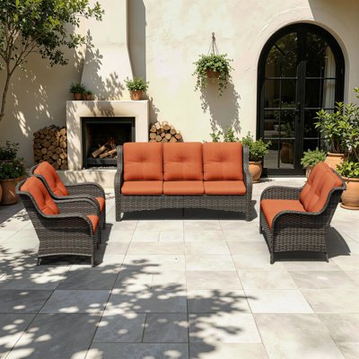 Outdoor Wicker Patio Conversation Set, 4-Piece All-Weather PE Rattan Furniture With 3-Seater Sofa, Armchairs & Soft Cushions, Perfect For Backyard, Porch, Deck & Poolside