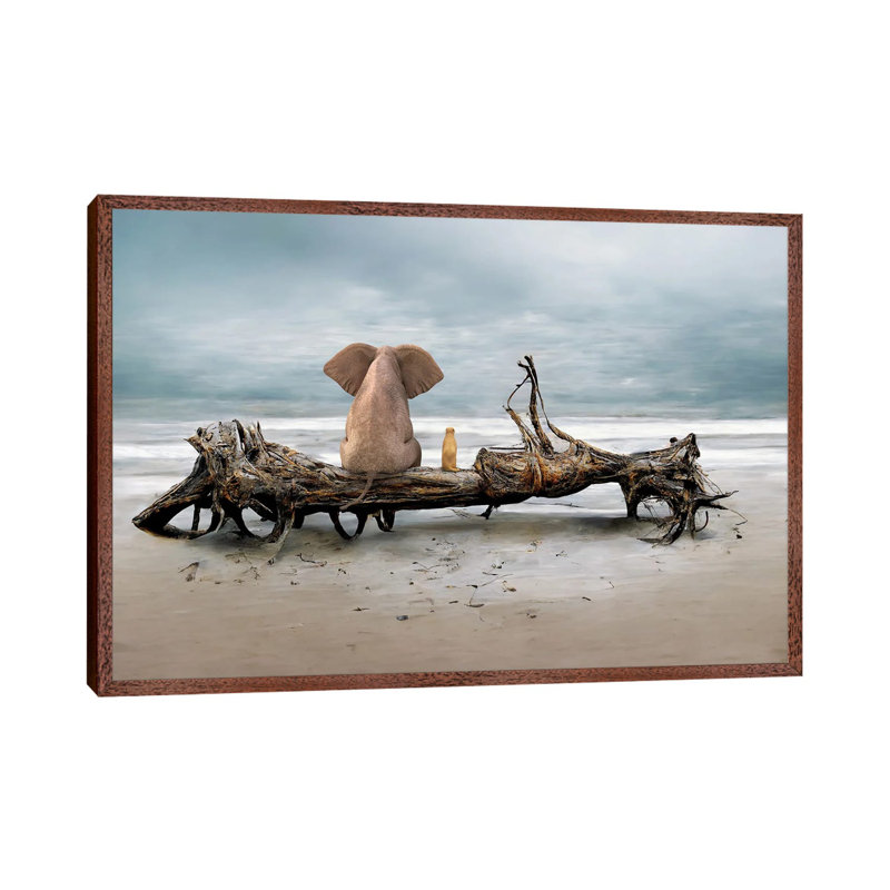 Elephant And A Dog Are Sitting On Driftwood by Mike Kiev - Floater Frame Gallery-Wrapped Canvas Giclée on Canvas