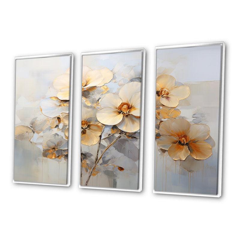 Élégant ensemble de pétales de pensée beige et gris - Pensées, Cadre flottant blanc, H 32 po x l 48 po x P 1 po