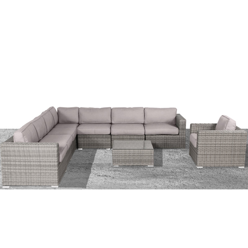 Thorkil Fully Assembled Wicker 7 - Person Seating Group with Cushions, Mixed Gray, Sunbrella Taupe