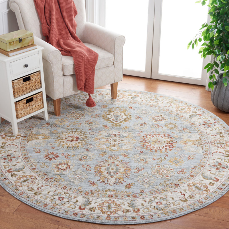 Tapis oriental en polyester bleu / ivoire Xanthi, Rond 6 pi 7 po