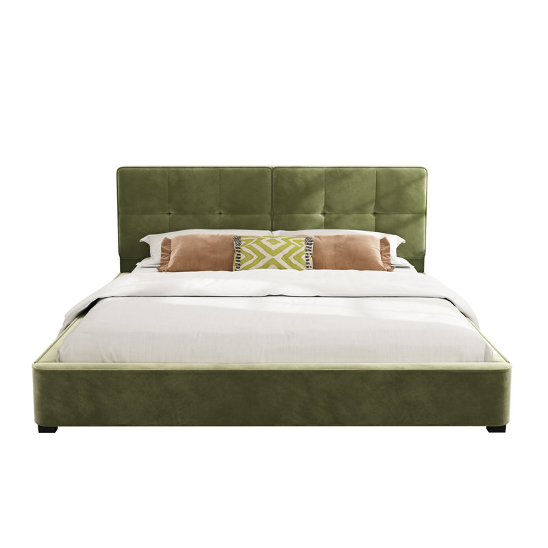Très grande base de lit en velours, lit plateforme tapissier avec tête de lit capitonnée incurvée, coins carrés doux, vert olive