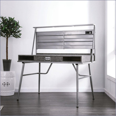 Desks, Modern Industrial Computer Desk with USB Port, 1 Drawer, 2 Shelves &amp; Metal Legs, 47 1/4"L x 28"W x 50"H | Silver | Metal