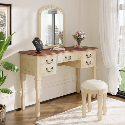 Coiffeuse de maquillage vintage 46 po avec miroir floral incurvé Kyranox, 5 tiroirs et tabouret en cuir