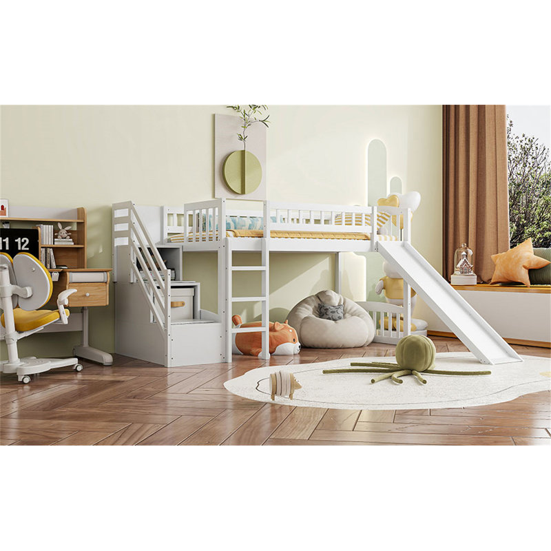 Stairway Twin Size Loft Bed With Slide, A Multi - Functional And Space - Saving Solution For Comfortable Rest And Play, White