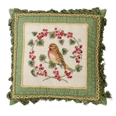 16"" x 16"" Bird In Red Currant Petit Point Pillow -  C&F Home, 440971498