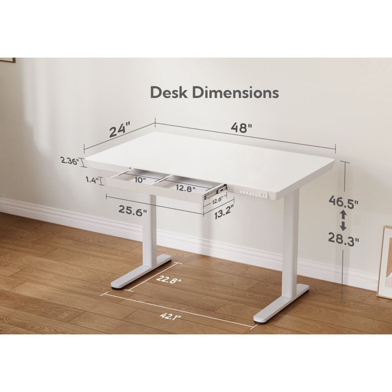 Odbert Tempered Glass Top Height Adjustable Standing Desk, Computer Desk with Drawer and USB Charge, Black